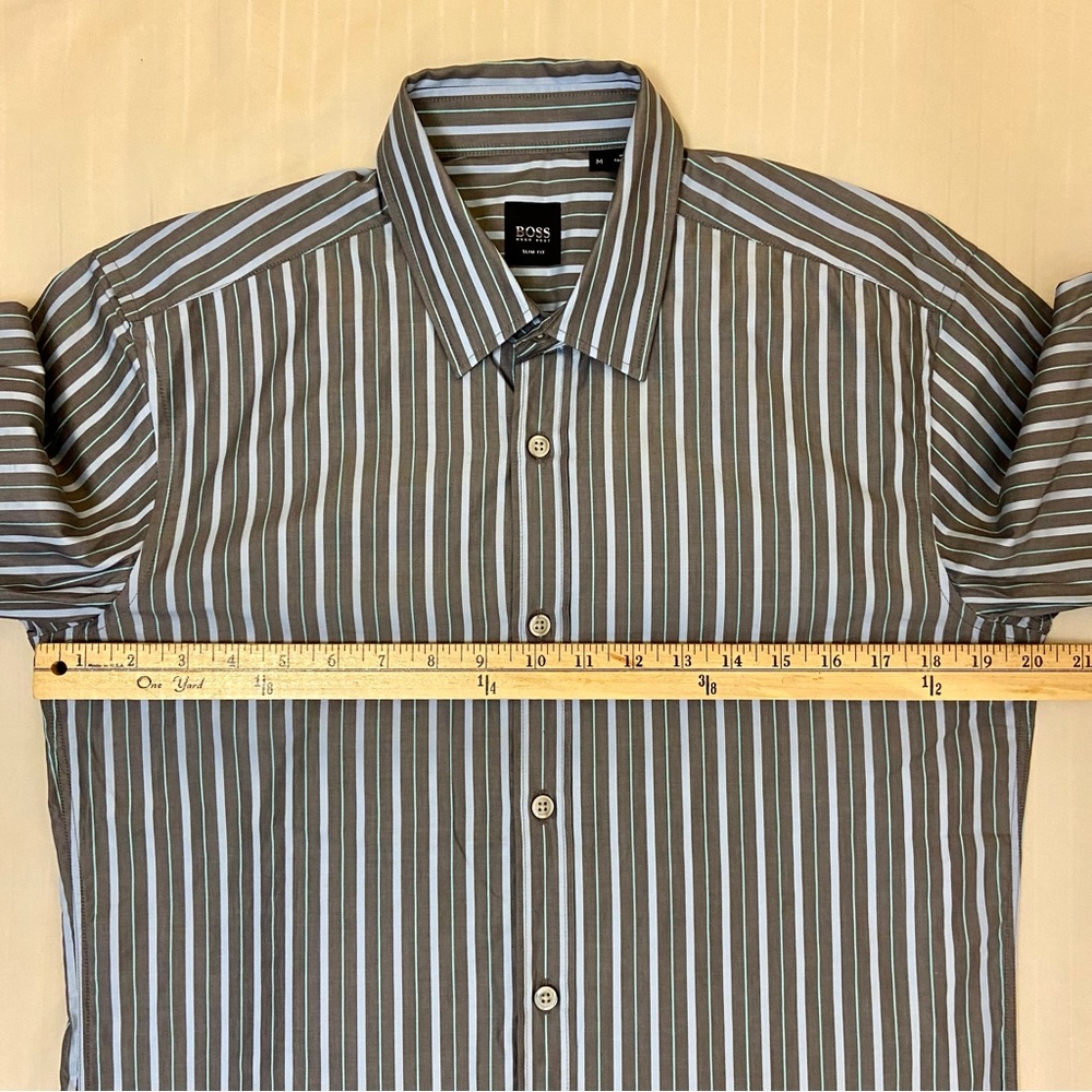HUGO BOSS slim fit long-sleeve gray/blue/teal striped collared dress shirt sz M - Picture 4 of 11